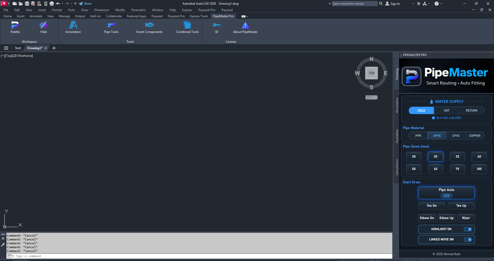 PipeMaster Pro running inside AutoCAD 2026